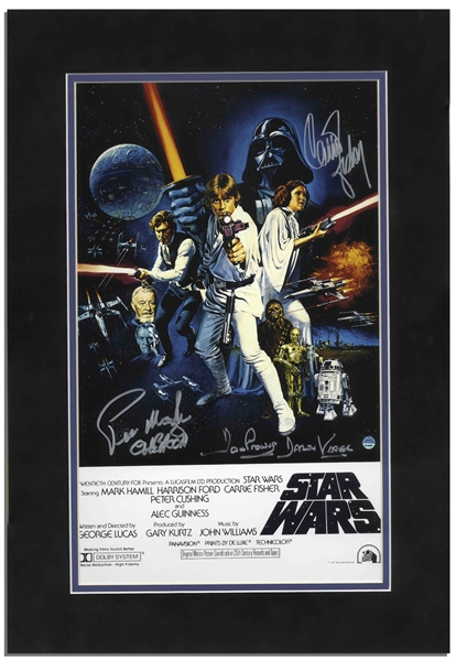 Carrie Fisher, Peter Mayhew and David Prowse Signed 10'' x 16'' ''Star Wars'' Poster -- With Steiner COA